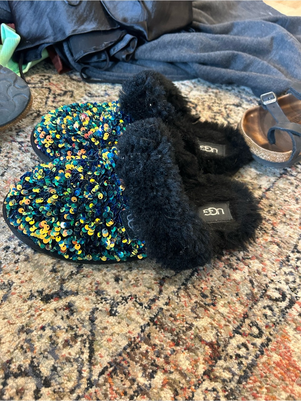UGG Black Sequin Fur Lined Slip-On Slippers - Picture 2 of 3